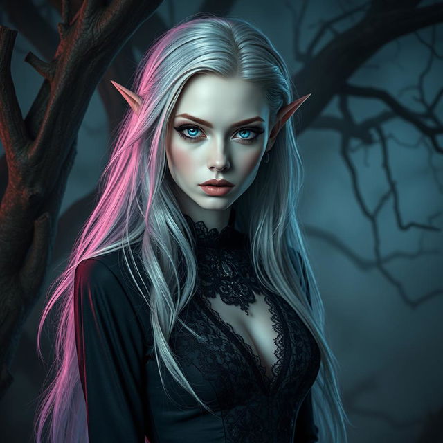 A female eladrin set in a horror-themed portrait, showcasing her enchanting features and ethereal beauty