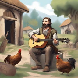 A high-quality illustration portrays a dirty vagrant bard in a medieval village