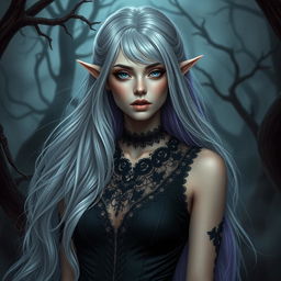 A female eladrin set in a horror-themed portrait, showcasing her enchanting features and ethereal beauty