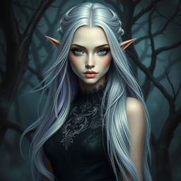 A female eladrin set in a horror-themed portrait, showcasing her enchanting features and ethereal beauty