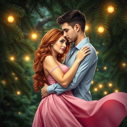 An enchanting romance book cover featuring a couple embracing under lush pine trees