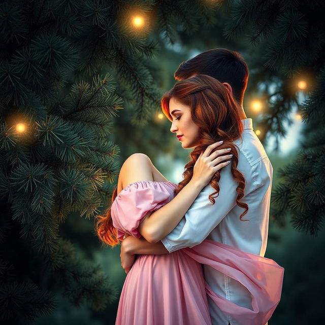 An enchanting romance book cover featuring a couple embracing under lush pine trees