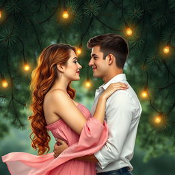 An enchanting romance book cover featuring a couple embracing under lush pine trees