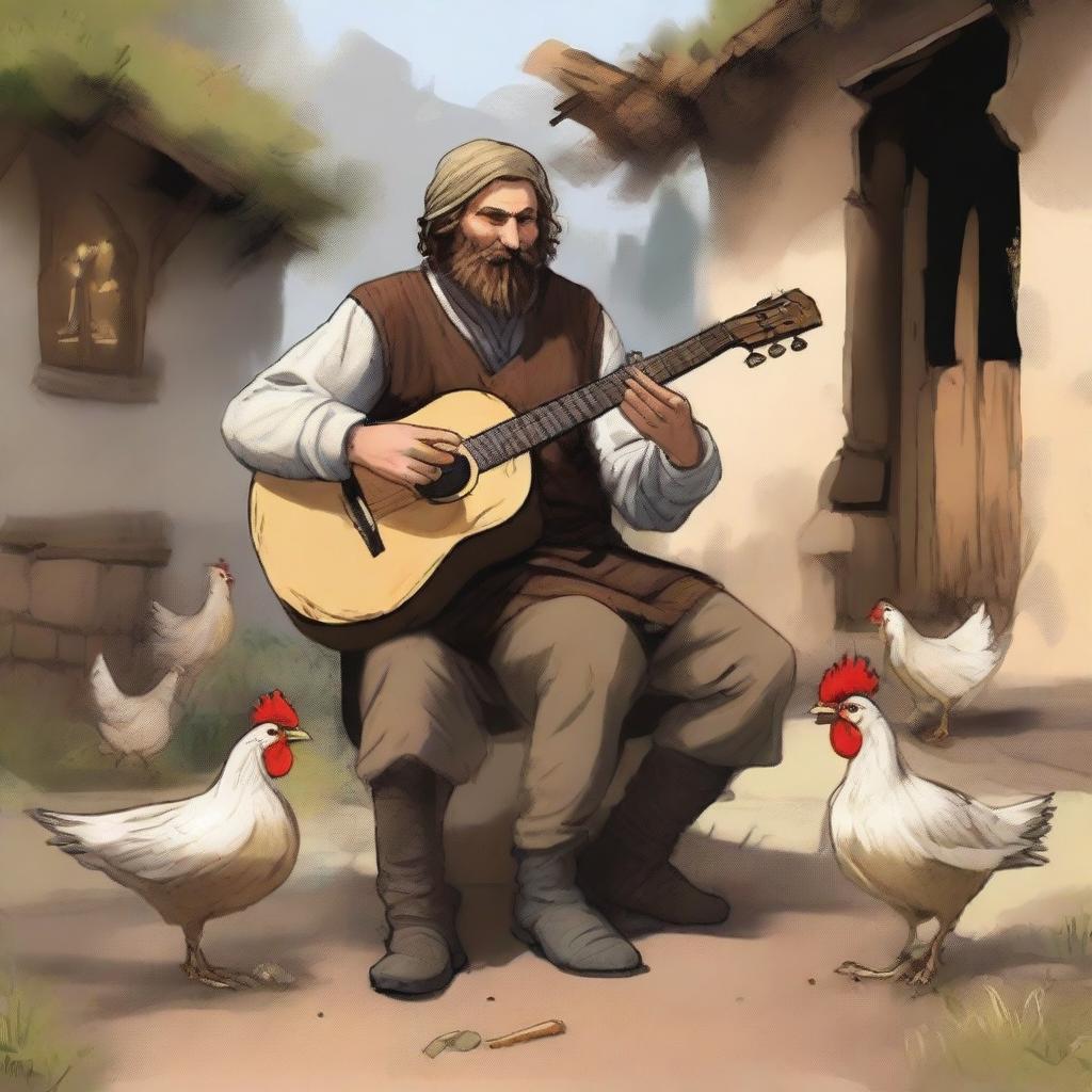 A high-quality illustration portrays a dirty vagrant bard in a medieval village