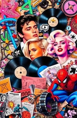 A vibrant and colorful collage of pop culture icons and symbols from different eras, including music legends like Elvis Presley, modern artists like Billie Eilish, classic movie characters like Marilyn Monroe, and contemporary film superheroes like Spider-Man