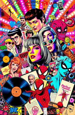 A vibrant and colorful collage of pop culture icons and symbols from different eras, including music legends like Elvis Presley, modern artists like Billie Eilish, classic movie characters like Marilyn Monroe, and contemporary film superheroes like Spider-Man