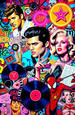 A vibrant and colorful collage of pop culture icons and symbols from different eras, including music legends like Elvis Presley, modern artists like Billie Eilish, classic movie characters like Marilyn Monroe, and contemporary film superheroes like Spider-Man
