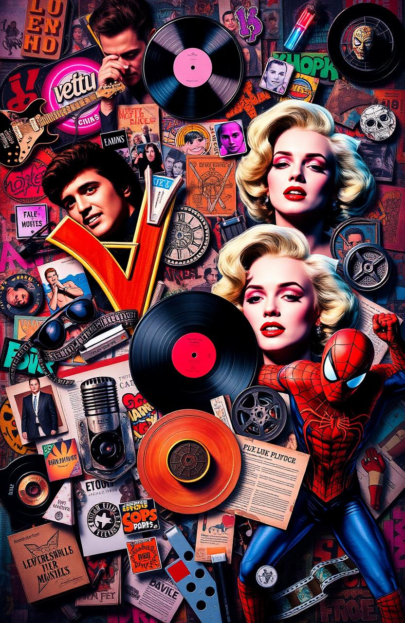 A vibrant and colorful collage of pop culture icons and symbols from different eras, including music legends like Elvis Presley, modern artists like Billie Eilish, classic movie characters like Marilyn Monroe, and contemporary film superheroes like Spider-Man
