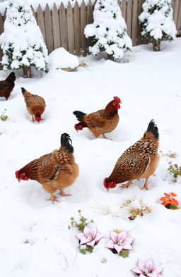 A charming scene of chickens foraging in a snowy garden, with the ground covered in a soft blanket of white snow