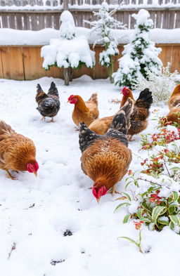 A charming scene of chickens foraging in a snowy garden, with the ground covered in a soft blanket of white snow