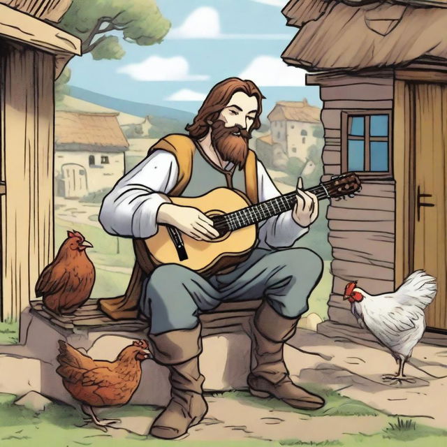 A high-quality comic-style illustration showcases a dirty vagrant bard in a medieval village