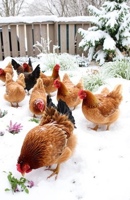 A charming scene of chickens foraging in a snowy garden, with the ground covered in a soft blanket of white snow