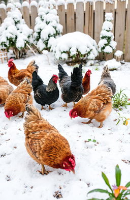 A charming scene of chickens foraging in a snowy garden, with the ground covered in a soft blanket of white snow