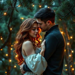 A captivating romance book cover depicting a couple lovingly embracing under a serene grove of pine trees