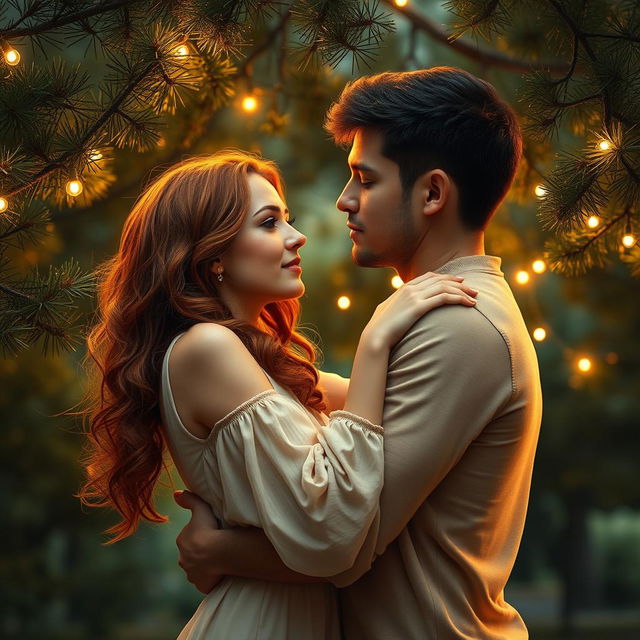 A captivating romance book cover depicting a couple lovingly embracing under a serene grove of pine trees