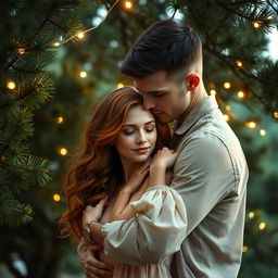 A captivating romance book cover depicting a couple lovingly embracing under a serene grove of pine trees