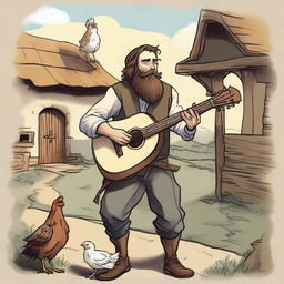 A high-quality comic-style illustration showcases a dirty vagrant bard in a medieval village