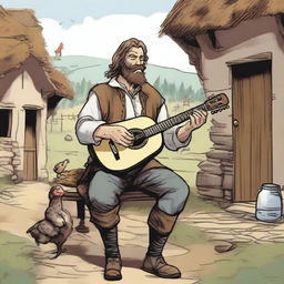 A high-quality comic-style illustration showcases a dirty vagrant bard in a medieval village