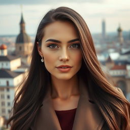 A beautiful and elegant Russian woman aged between 30 and 45 years old, with striking features and expressive eyes