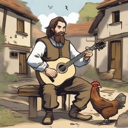 A high-quality comic-style illustration showcases a dirty vagrant bard in a medieval village