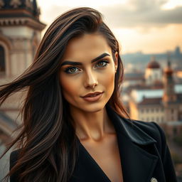 A beautiful and elegant Russian woman aged between 30 and 45 years old, with striking features and expressive eyes