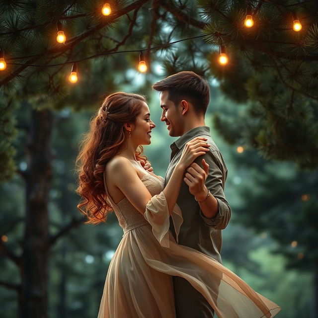 A romantic book cover showcasing a couple gently embracing as they slow dance under a canopy of lush pine trees