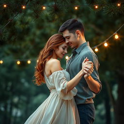 A romantic book cover showcasing a couple gently embracing as they slow dance under a canopy of lush pine trees