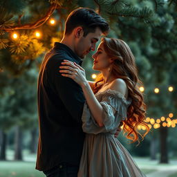 A romantic book cover showcasing a couple gently embracing as they slow dance under a canopy of lush pine trees