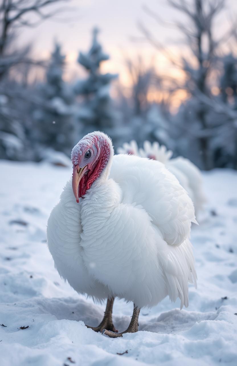 A lone white female turkey in a snowy landscape, looking sad and forlorn, with soft snowflakes gently falling around her