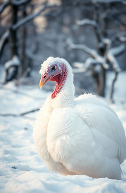 A lone white female turkey in a snowy landscape, looking sad and forlorn, with soft snowflakes gently falling around her