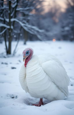 A lone white female turkey in a snowy landscape, looking sad and forlorn, with soft snowflakes gently falling around her