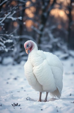 A lone white female turkey in a snowy landscape, looking sad and forlorn, with soft snowflakes gently falling around her