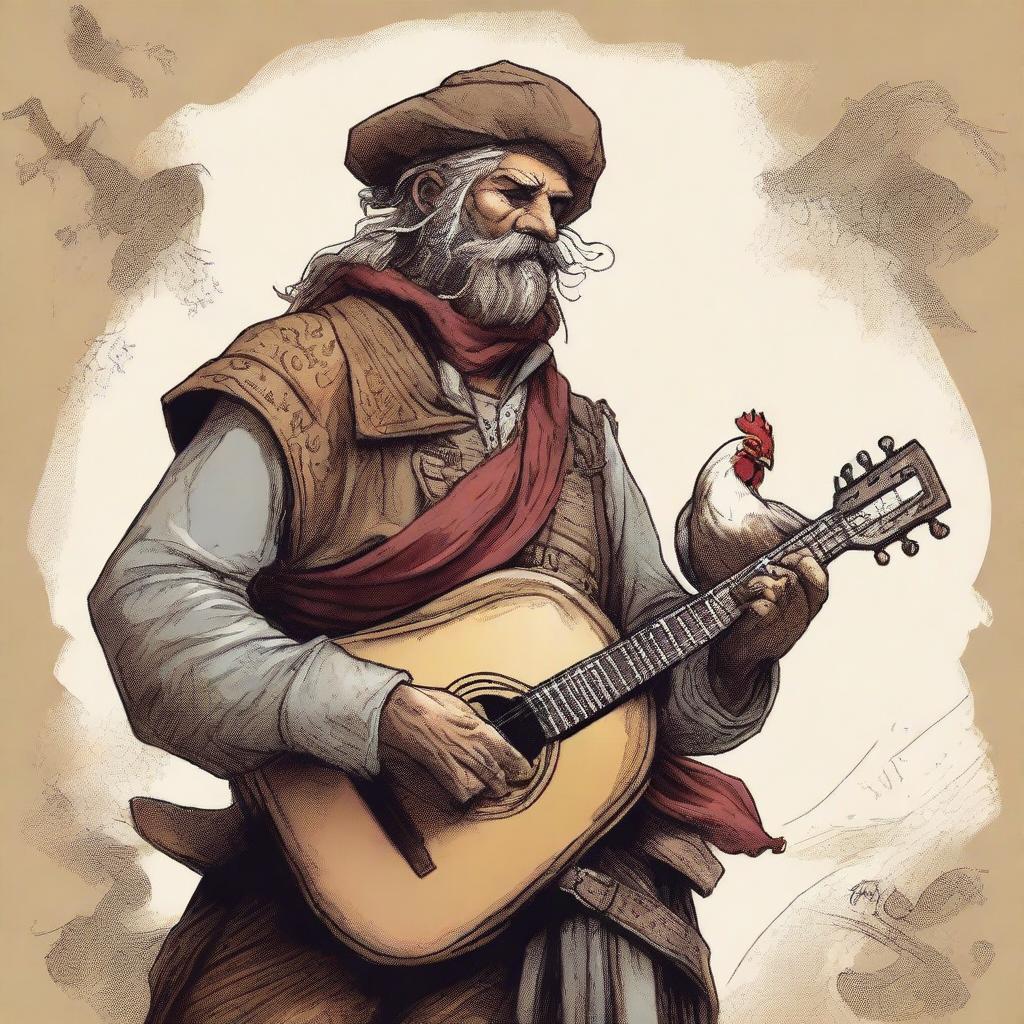 A detailed, high-quality illustration depicts a dirty vagrant bard playing a lute