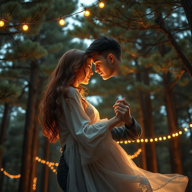 A captivating romance book cover depicting a couple embracing as they slow dance beneath a canopy of tall pine trees