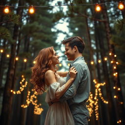 A captivating romance book cover depicting a couple embracing as they slow dance beneath a canopy of tall pine trees