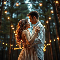 A captivating romance book cover depicting a couple embracing as they slow dance beneath a canopy of tall pine trees