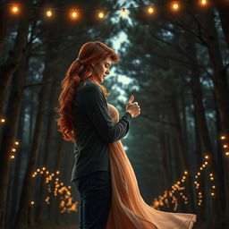 A captivating romance book cover depicting a couple embracing as they slow dance beneath a canopy of tall pine trees