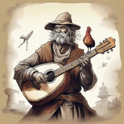 A detailed, high-quality illustration depicts a dirty vagrant bard playing a lute