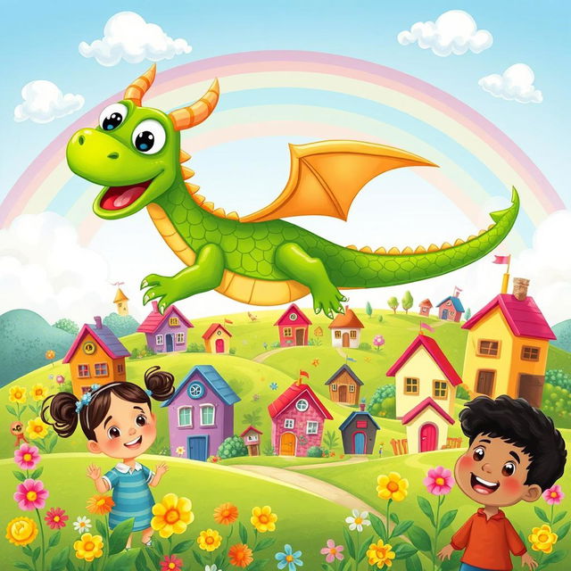 A whimsical and colorful illustration for a children's book, featuring a friendly dragon with bright green scales and big, expressive eyes