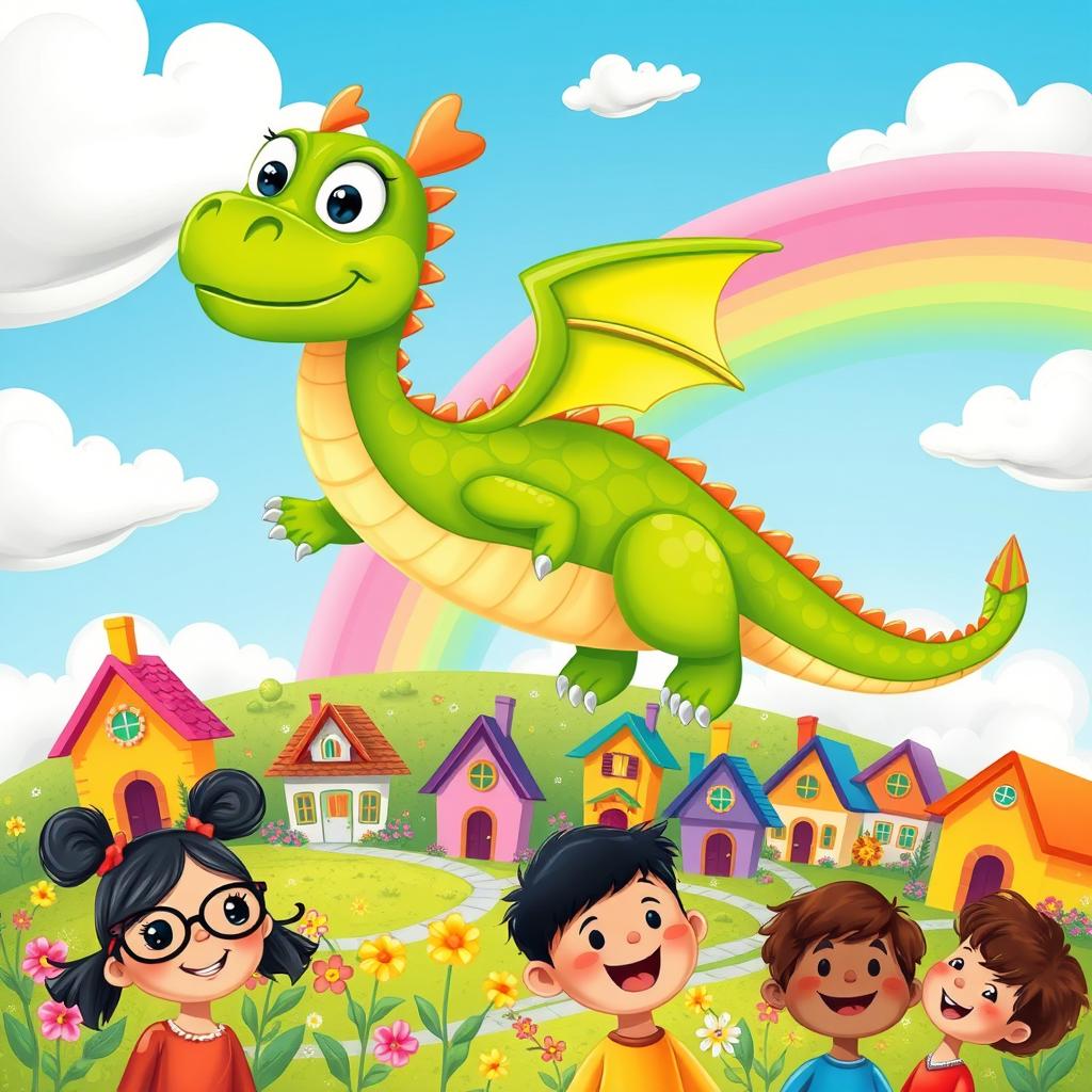 A whimsical and colorful illustration for a children's book, featuring a friendly dragon with bright green scales and big, expressive eyes