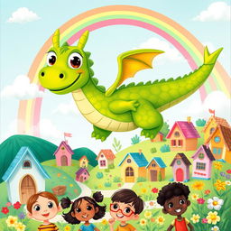 A whimsical and colorful illustration for a children's book, featuring a friendly dragon with bright green scales and big, expressive eyes