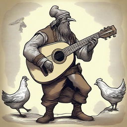 A detailed, high-quality illustration depicts a dirty vagrant bard playing a lute