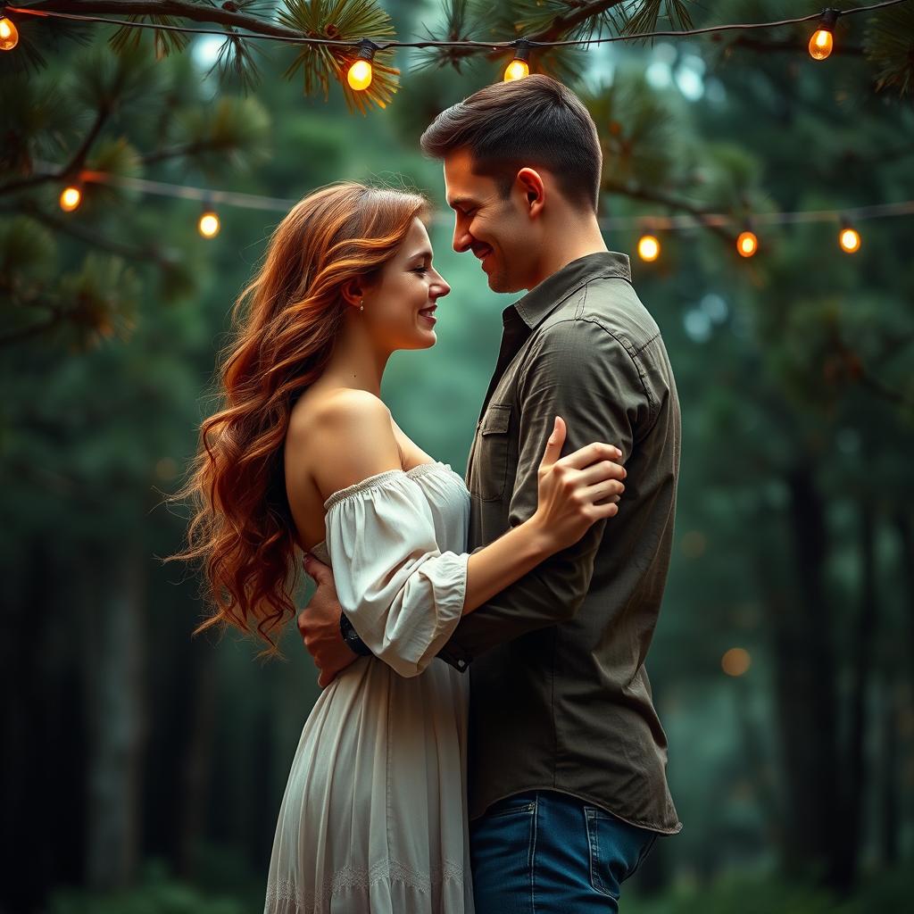 A beautiful romance book cover featuring a couple embracing as they slow dance under a tranquil canopy of pine trees