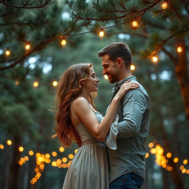 A beautiful romance book cover featuring a couple embracing as they slow dance under a tranquil canopy of pine trees