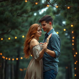 A beautiful romance book cover featuring a couple embracing as they slow dance under a tranquil canopy of pine trees