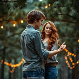 A beautiful romance book cover featuring a couple embracing as they slow dance under a tranquil canopy of pine trees