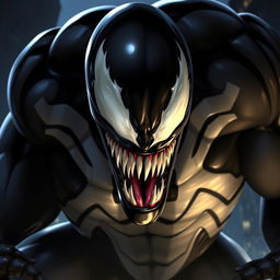A detailed and dynamic portrayal of Venom, the iconic black symbiote character from Marvel Comics