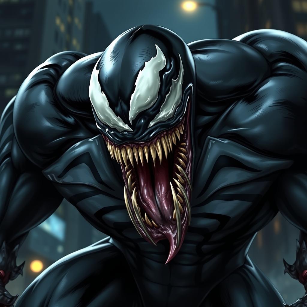 A detailed and dynamic portrayal of Venom, the iconic black symbiote character from Marvel Comics