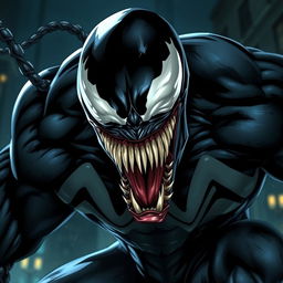 A detailed and dynamic portrayal of Venom, the iconic black symbiote character from Marvel Comics
