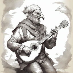 A detailed, high-quality illustration depicts a dirty vagrant bard playing a lute